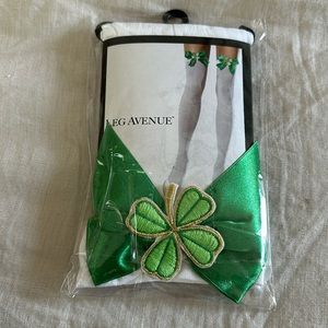 Leg Avenue Opaque Thigh Highs with Bow and Lucky Clover Appliqué White OS